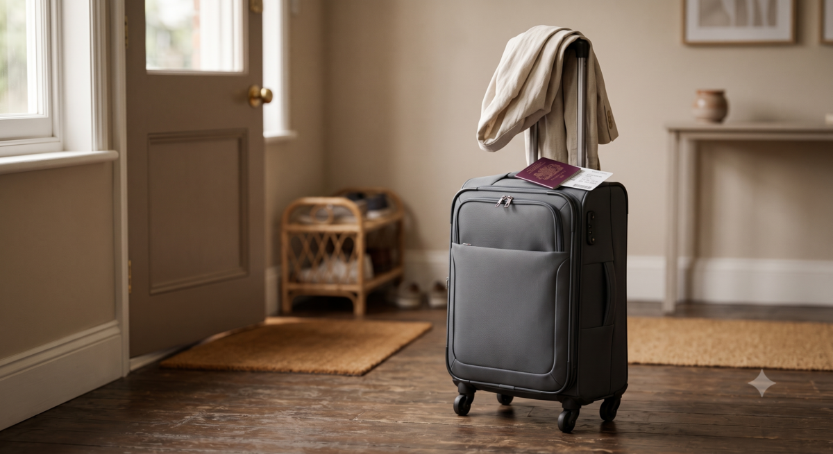 A fully packed suitcase closed and ready by the front door with a passport on top
