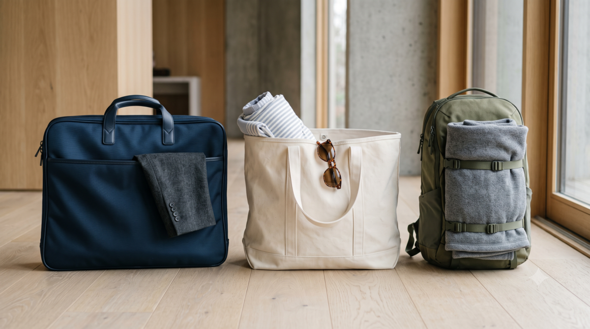 Three different packed bags representing business, beach, and cold-weather trips