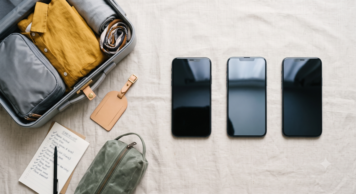 Several packing list apps compared side by side on phones beside a folded suitcase