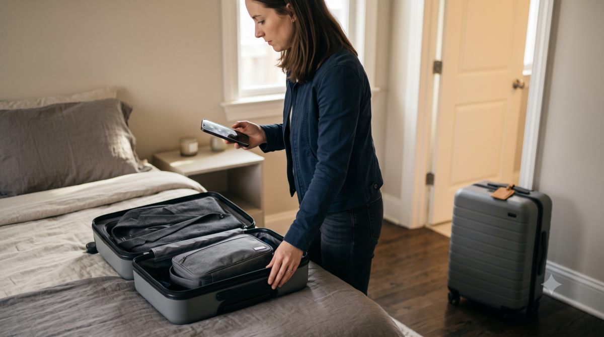 Traveler duplicating a packing list on a phone before a repeat business trip