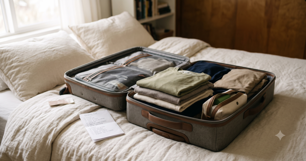 Traveler laying out clothes and essentials on a bed before packing a suitcase