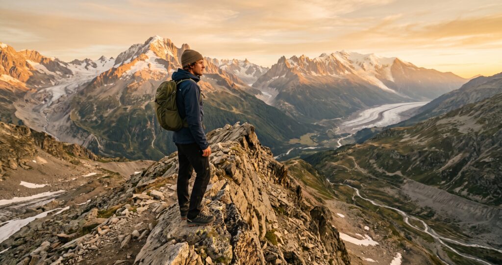 Solo hiker on a dramatic mountain ridge at golden hour overlooking a glacial valley, best adventure travel destinations