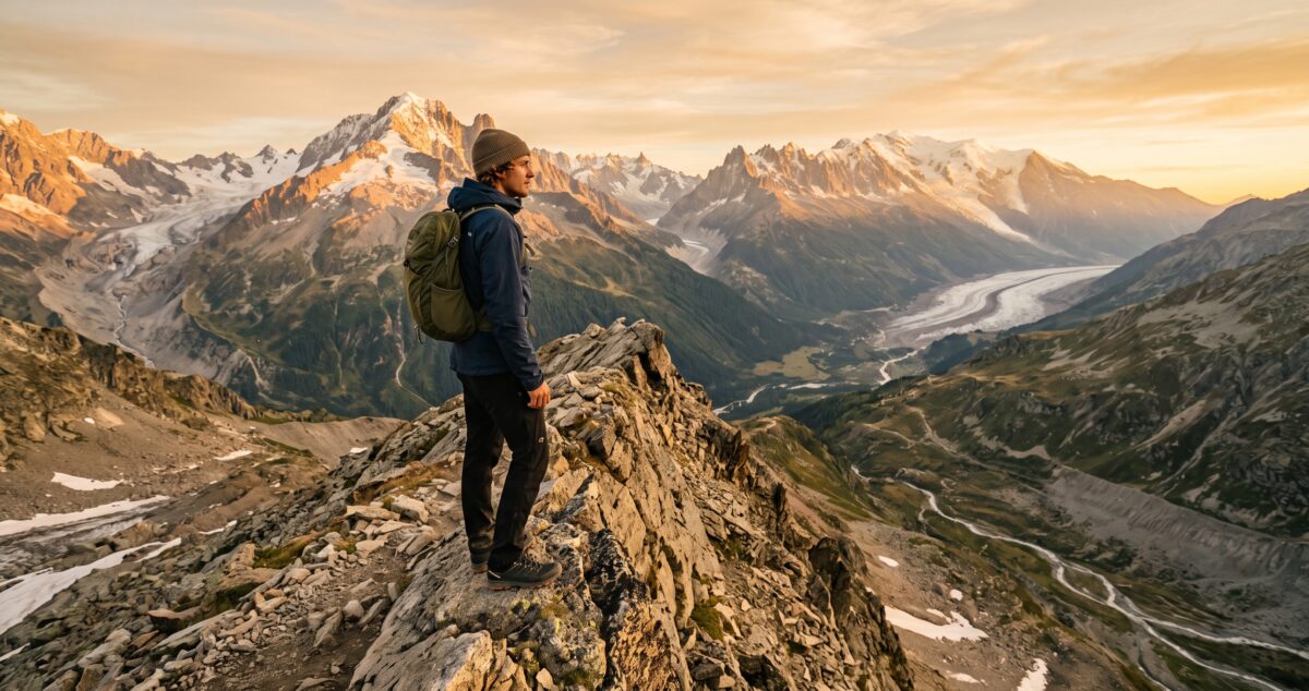 Solo hiker on a dramatic mountain ridge at golden hour overlooking a glacial valley, best adventure travel destinations