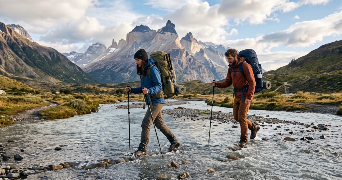 Two trekkers crossing a glacial stream in Patagonia with the Torres del Paine massif in the background, adventure travel destinations