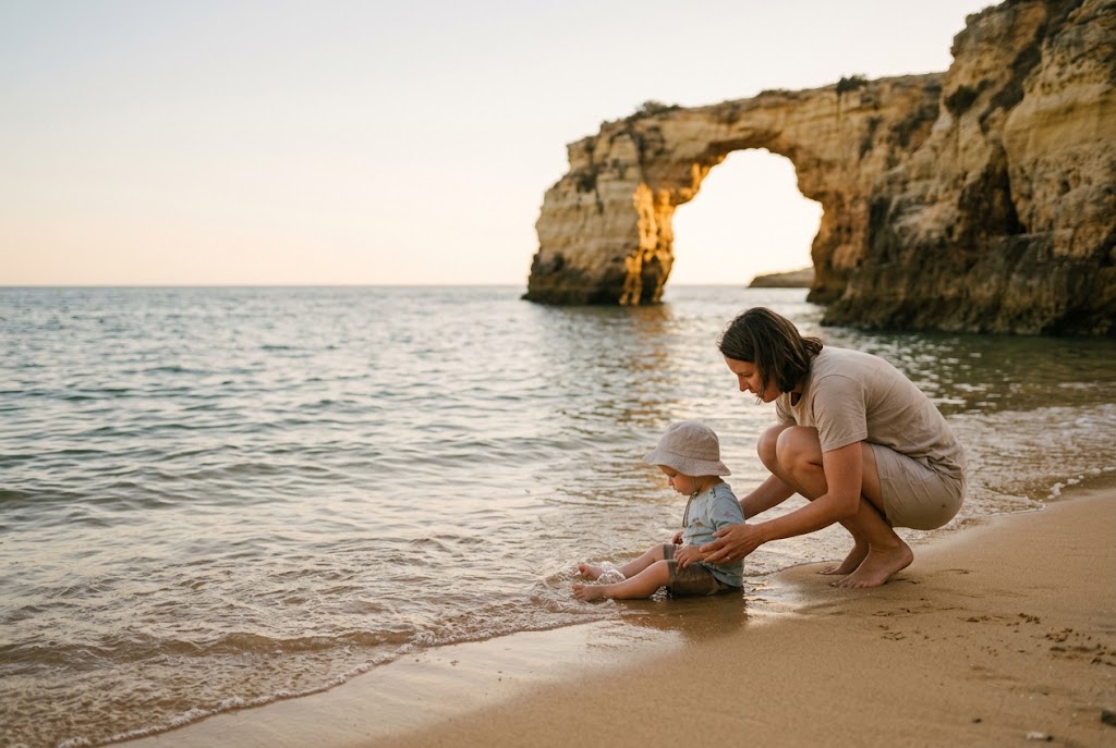 A toddler playing at the edge of a calm, shallow cove on the Algarve coast