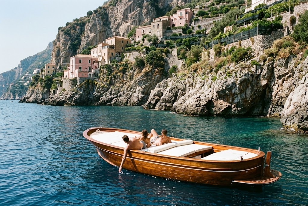 A private wooden boat off the cliffs of the Amalfi Coast, one of the luxury travel destinations for $5000 to $10000