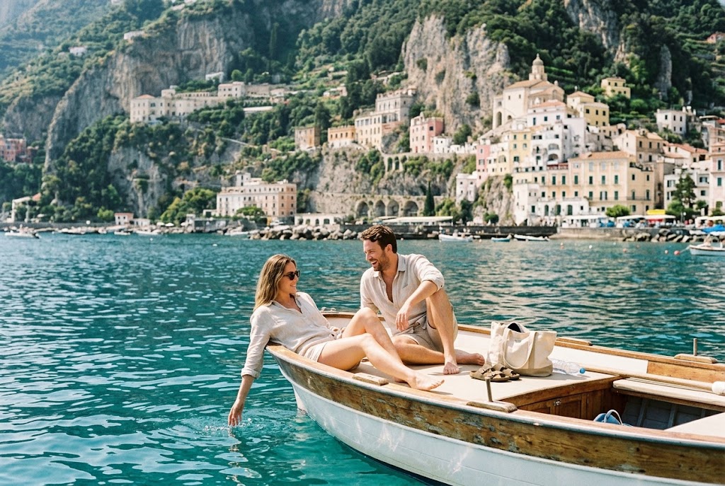 A couple on a small private boat below the cliffs of the Amalfi Coast
