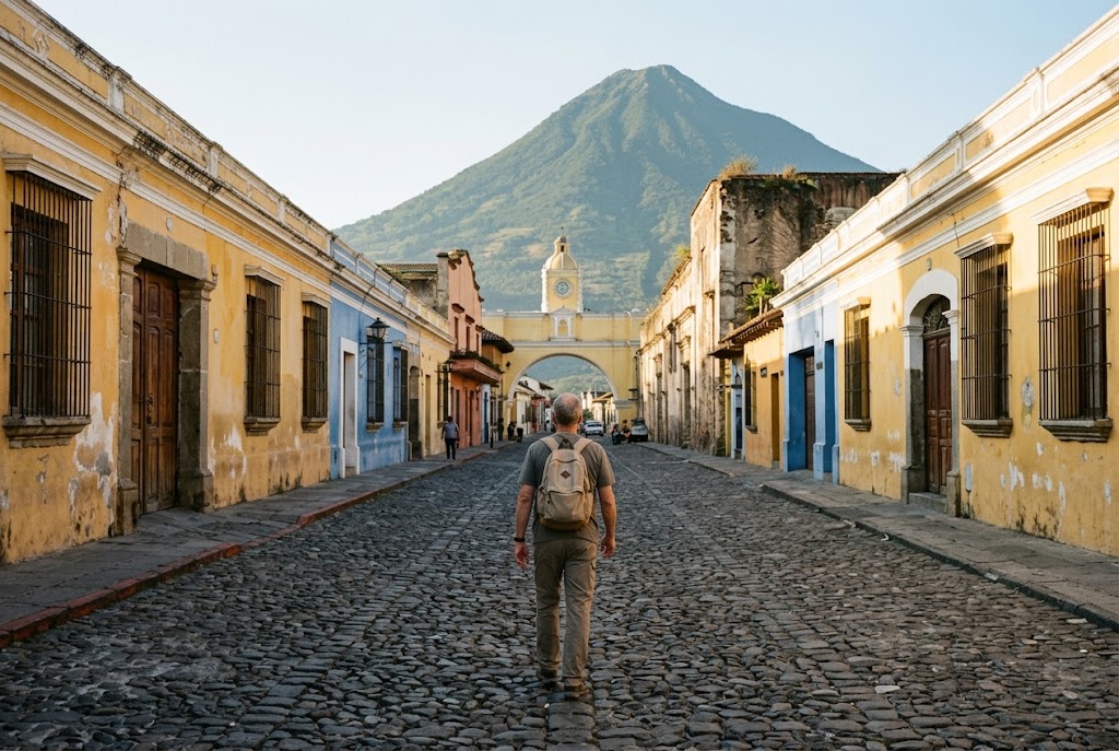 A cobblestone street in Antigua, Guatemala with a volcano rising behind colorful colonial buildings