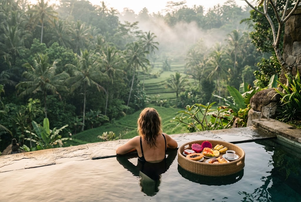 A private infinity pool villa overlooking the Ubud jungle, one of the best affordable luxury travel destinations