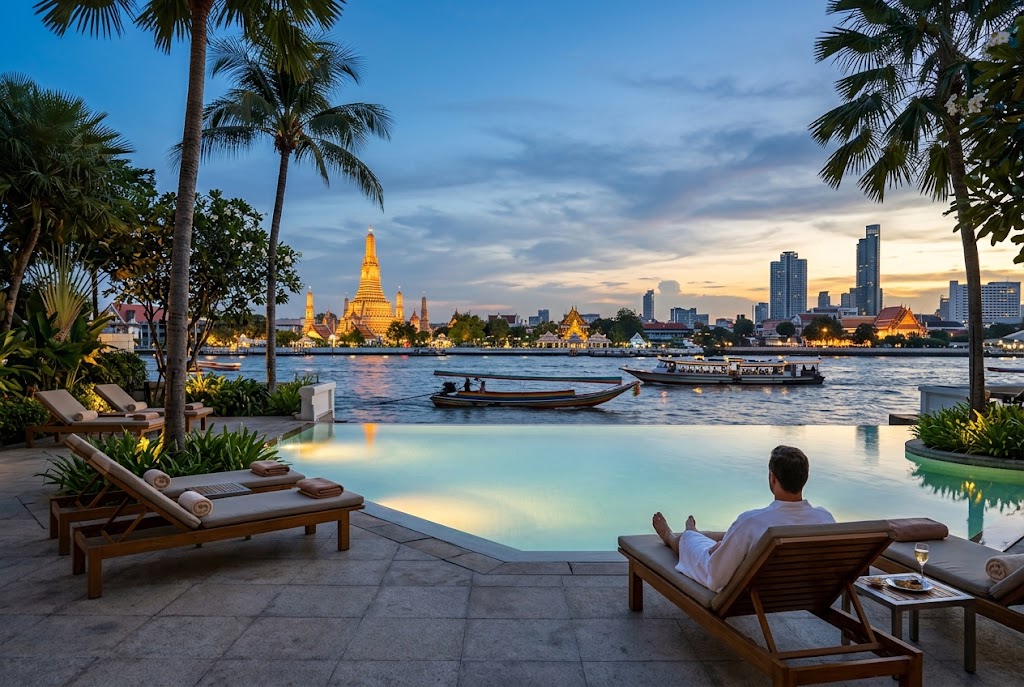 A riverside luxury hotel pool on the Chao Phraya River in Bangkok at dusk