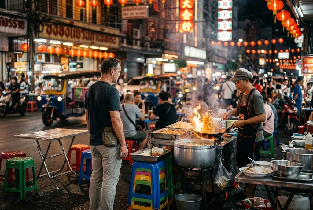 A solo traveler at a street food stall in Bangkok's Chinatown at night