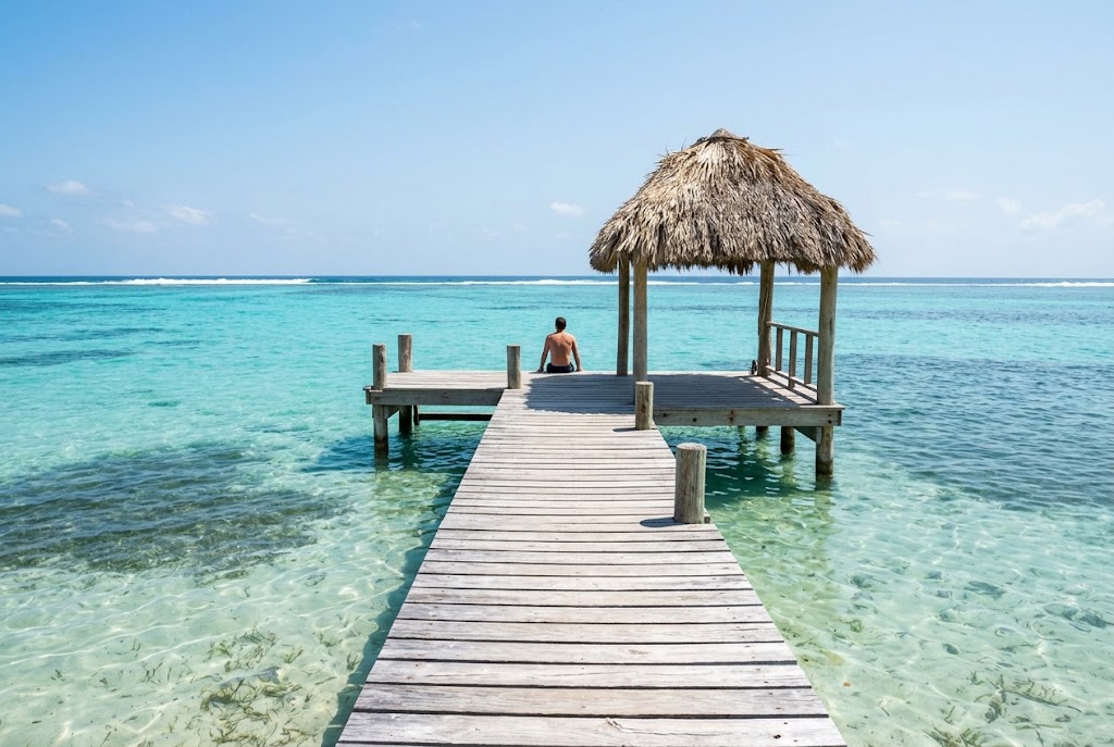 A wooden dock over turquoise water on Ambergris Caye, Belize, one of the easy travel destinations with high reward
