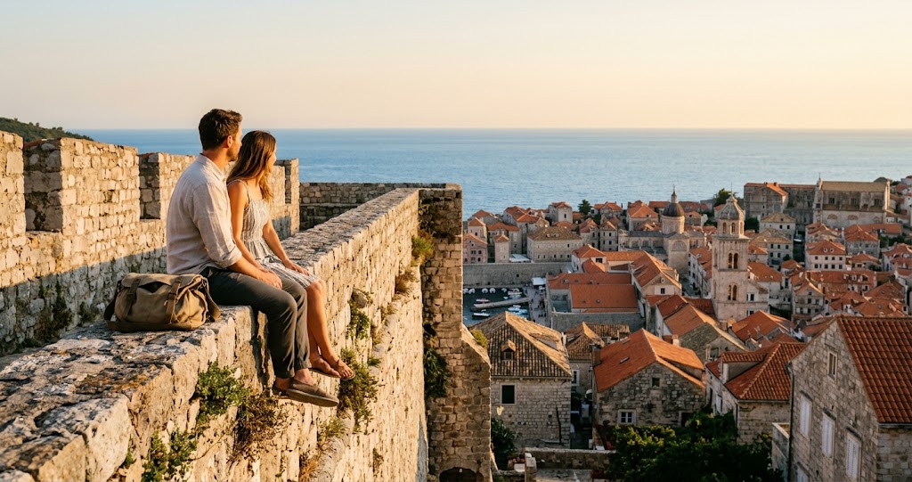 A couple looking over a coastal old town at sunset, on one of the best travel destinations for $2500 to $5000