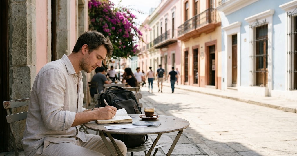 A traveler planning a trip with a notebook and boarding pass, looking for the best travel destinations under $2500