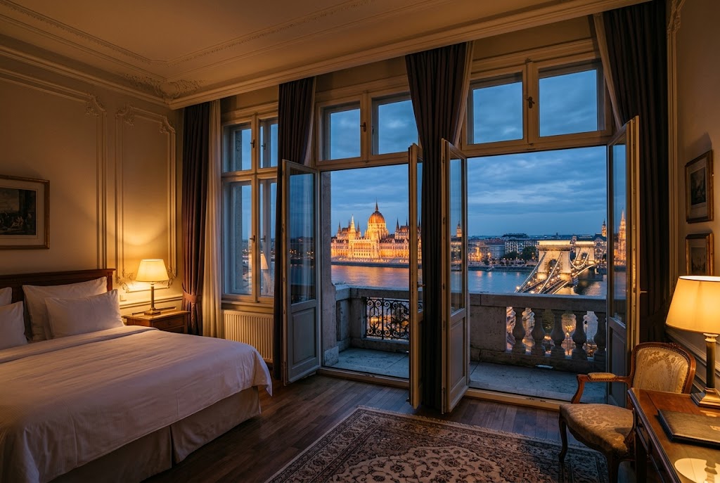 A luxury hotel room with a view of the Danube and Parliament in Budapest