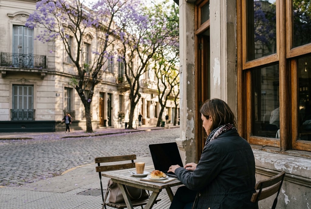 A remote worker at a corner café in Palermo, Buenos Aires, under jacaranda trees