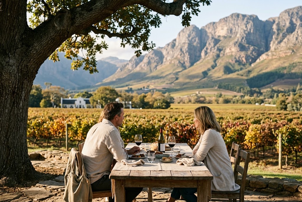 A couple having lunch at a wine estate in the Cape Winelands with mountains behind them