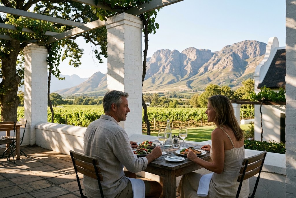 A wine estate terrace with mountain views in Franschhoek near Cape Town