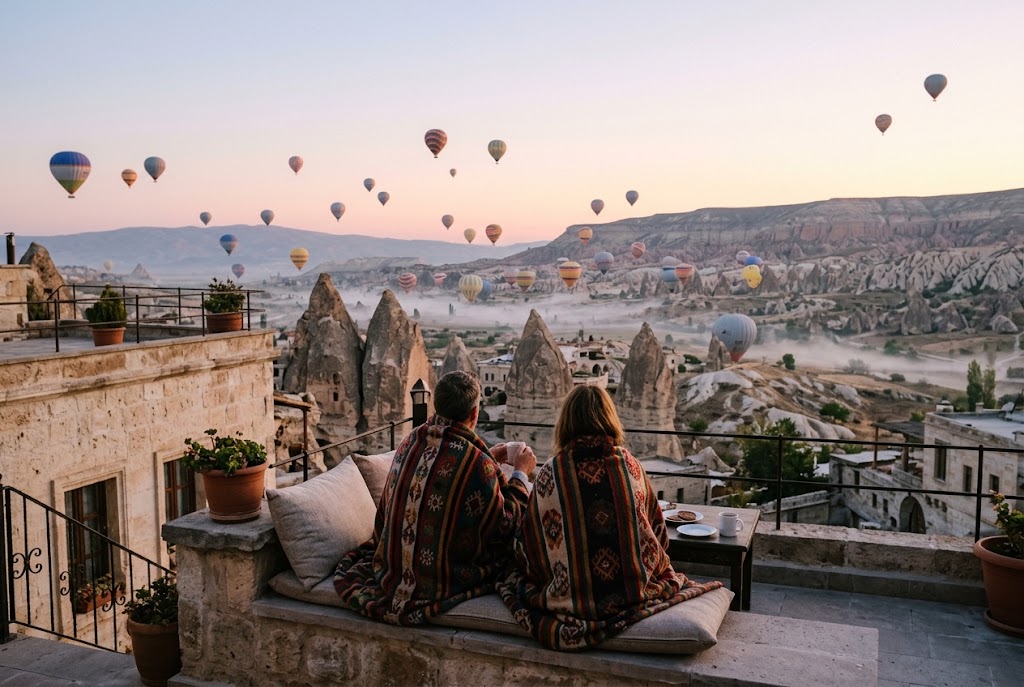 Hot-air balloons rising over the fairy chimneys of Cappadocia at sunrise, one of the most memorable travel destinations
