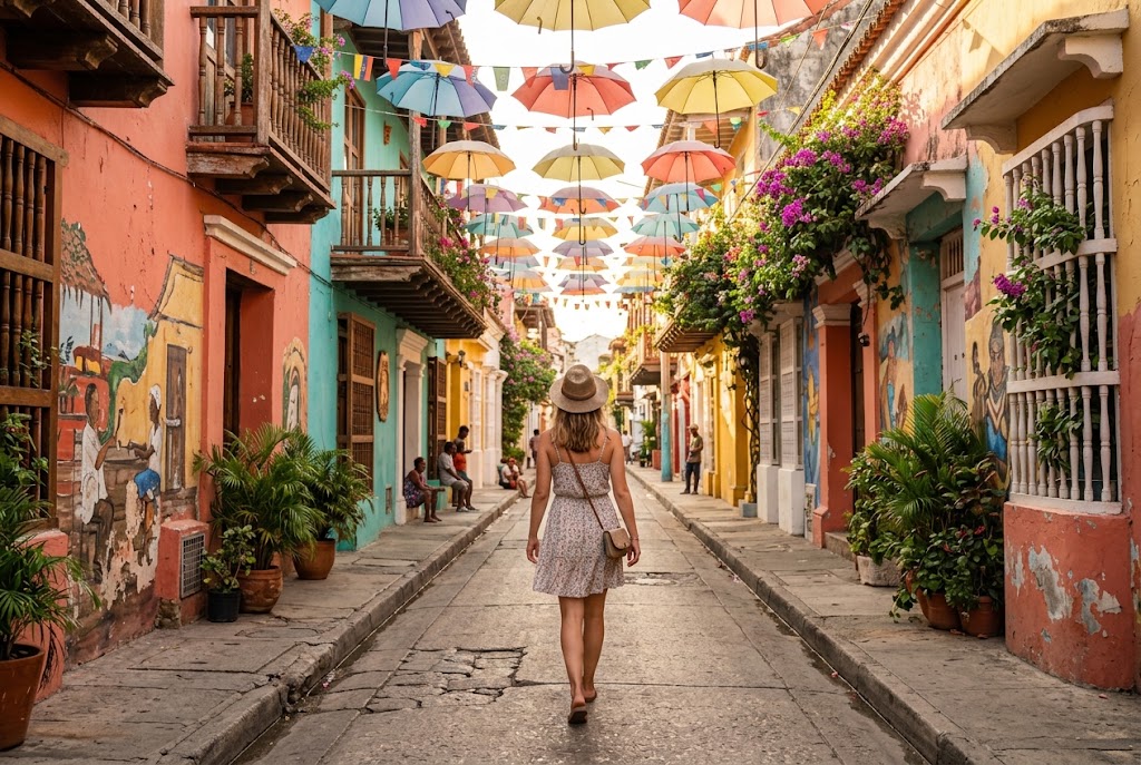 A traveler walking a colorful street with hanging umbrellas in Getsemaní, Cartagena, one of the best travel destinations under $2500
