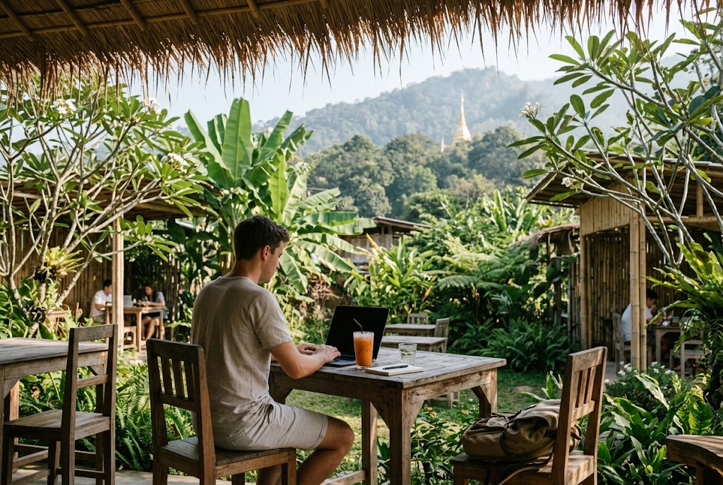 A remote worker at a garden coworking space in Chiang Mai with mountains in the background
