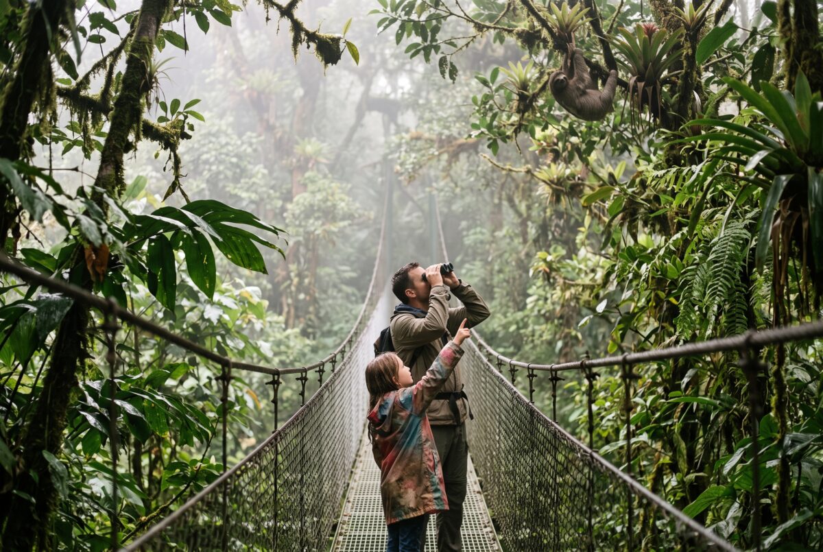 A family on a hanging bridge in the Costa Rican rainforest, with a child pointing at a sloth in the canopy