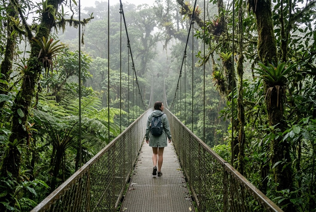 A solo traveler crossing a hanging bridge in the Costa Rican cloud forest