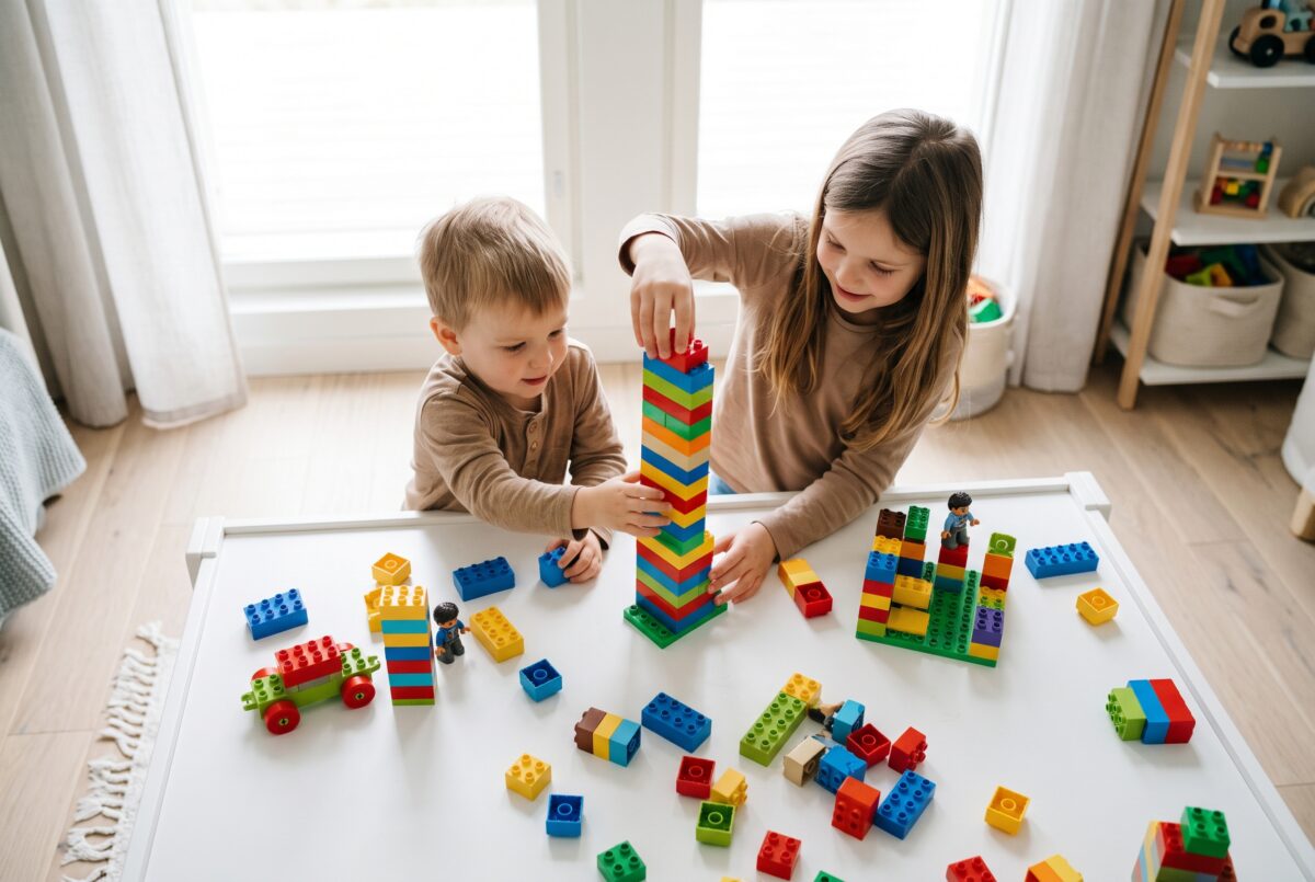 Two children building with colorful bricks at a bright play table