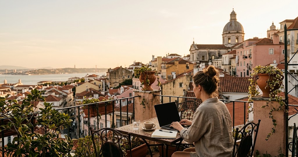 A remote worker with a laptop on a rooftop terrace above a European old town at golden hour