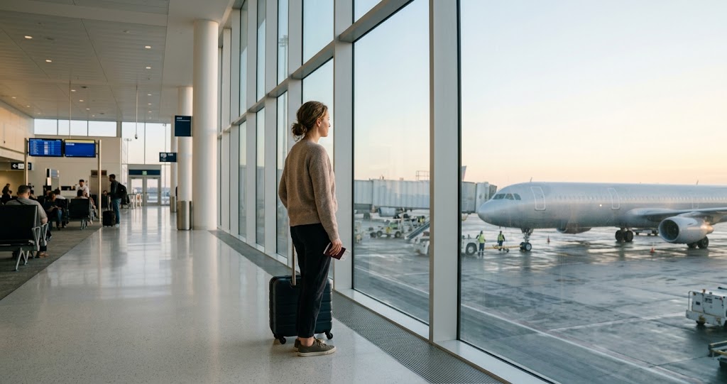 A traveler with a carry-on at an airport gate, heading to one of the easy travel destinations with high reward