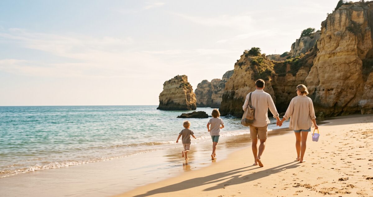 A family of four walking toward the sea on a sandy cove framed by golden cliffs