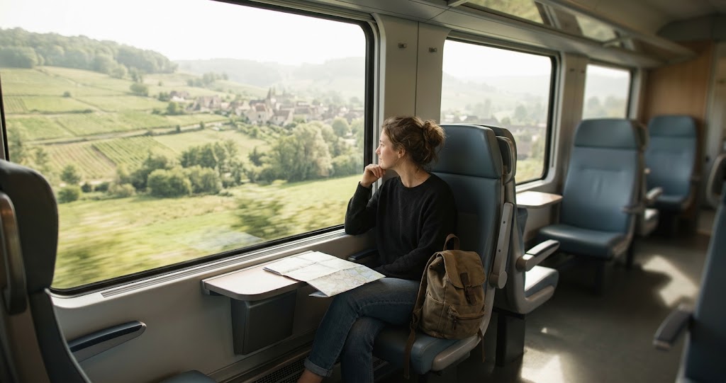 A first-time solo traveler looking out of a train window, heading to one of the best solo travel destinations for beginners
