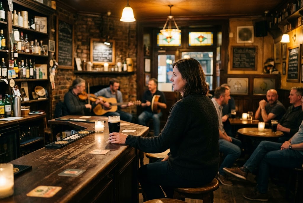 A solo traveler at the bar of a Galway pub during a traditional Irish music session