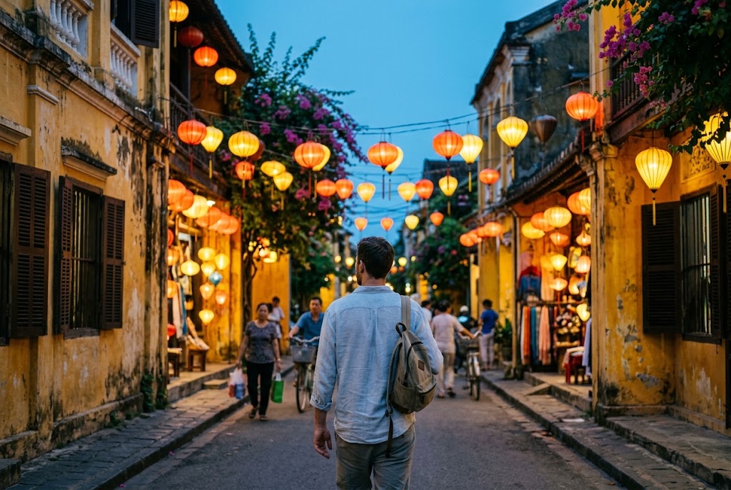 A traveler walking under silk lanterns in Hoi An old town, Vietnam, one of the best travel destinations under $2500