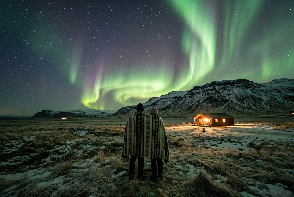 A couple wrapped in a blanket watching the northern lights over the Icelandic countryside