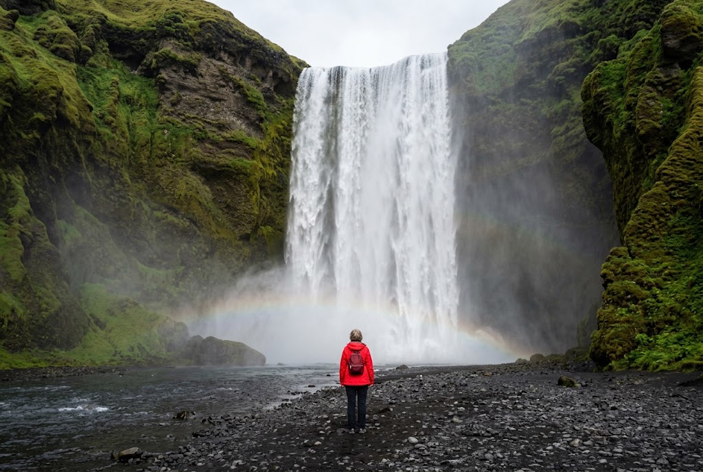 A traveler in a rain jacket looking up at Skógafoss waterfall on Iceland's South Coast
