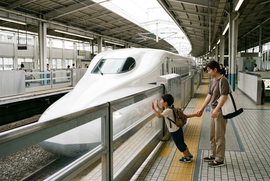 A child watching a bullet train pull into the platform in Japan