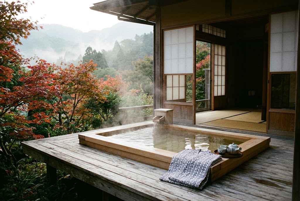 A private outdoor onsen bath on the balcony of a traditional ryokan, surrounded by autumn maple trees in Japan