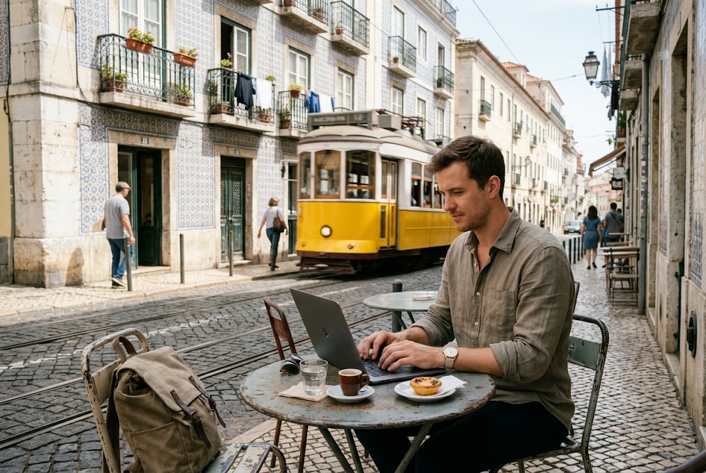 A digital nomad at a Lisbon sidewalk café, one of the best places for digital nomads, as a yellow tram passes