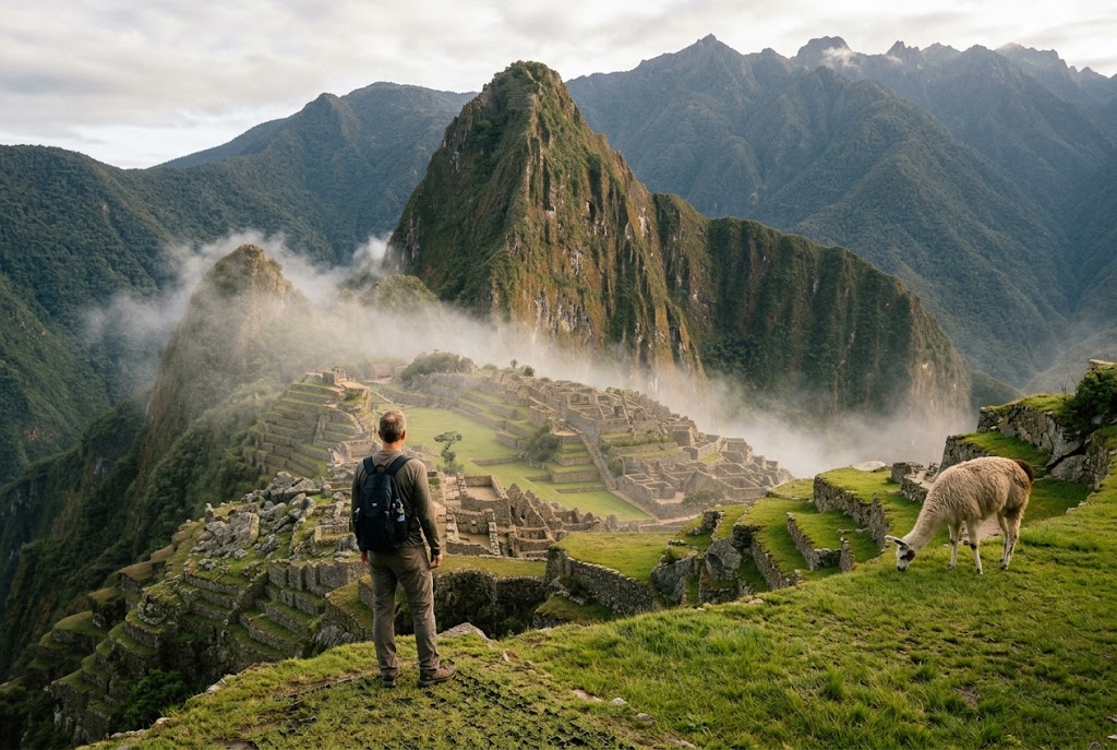 A traveler on the terraces of Machu Picchu as the morning cloud lifts, one of the most memorable travel destinations