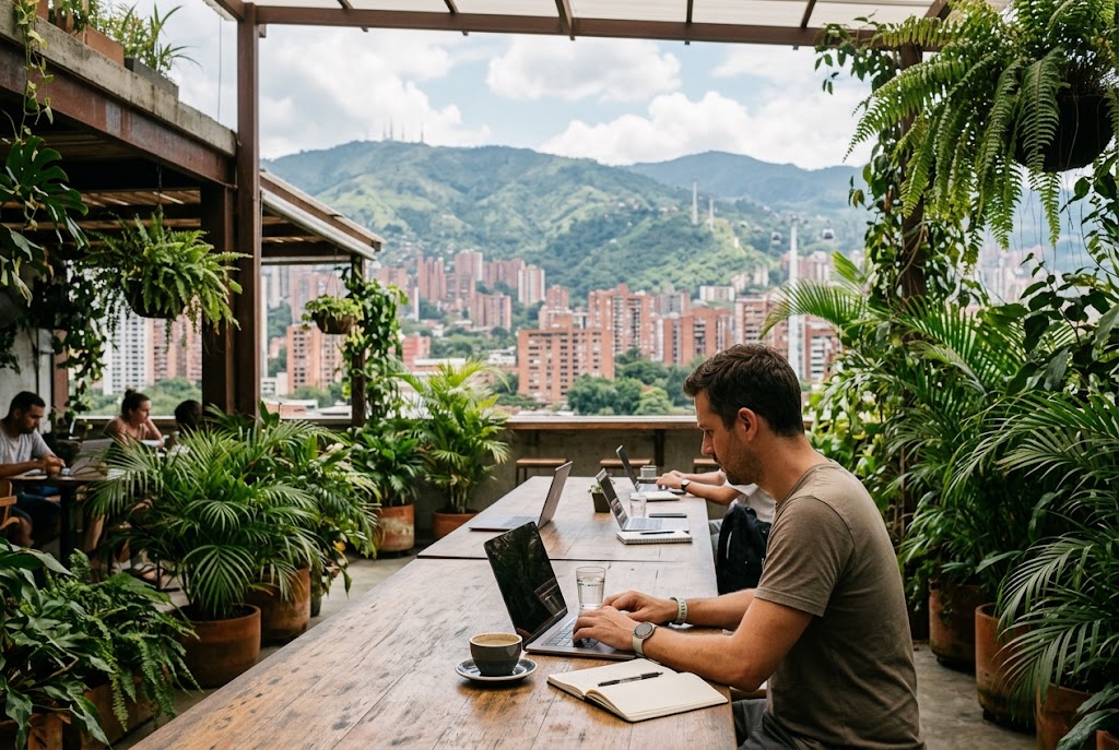A digital nomad on a coworking terrace in Medellín, one of the best places for digital nomads in 2026