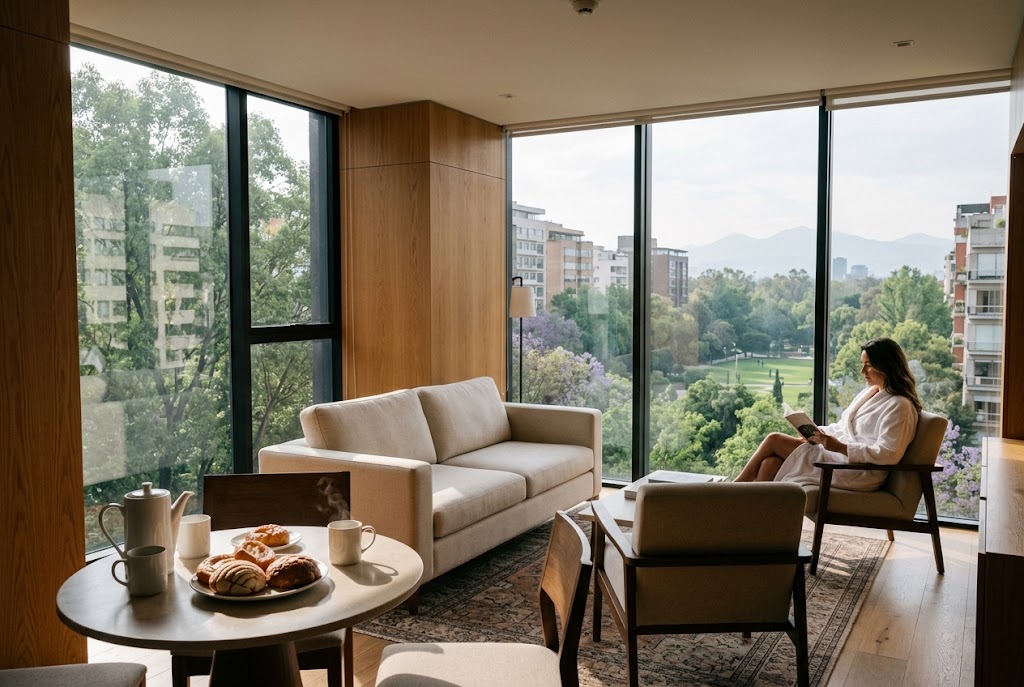 A luxury hotel suite overlooking leafy Polanco in Mexico City, one of the top affordable luxury travel destinations