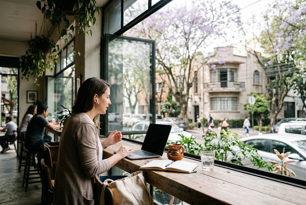A remote worker at a café window in Mexico City's Roma Norte neighborhood