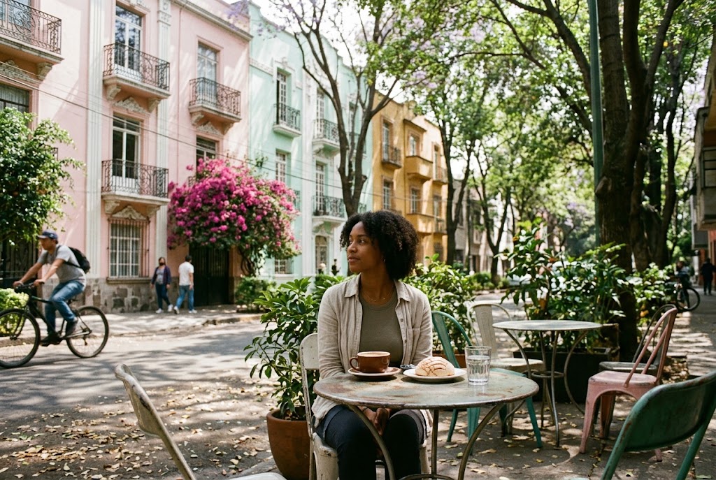 A traveler at a sidewalk café on a tree-lined street in Roma Norte, Mexico City