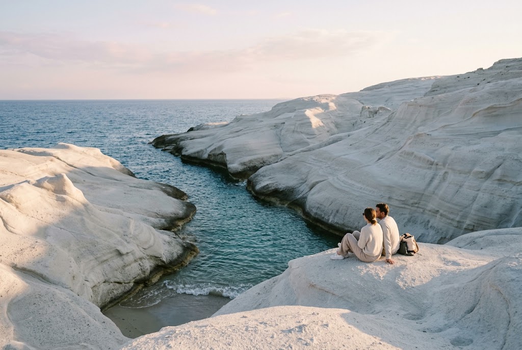 A couple sitting on the white volcanic rocks of Sarakiniko beach in Milos at sunrise