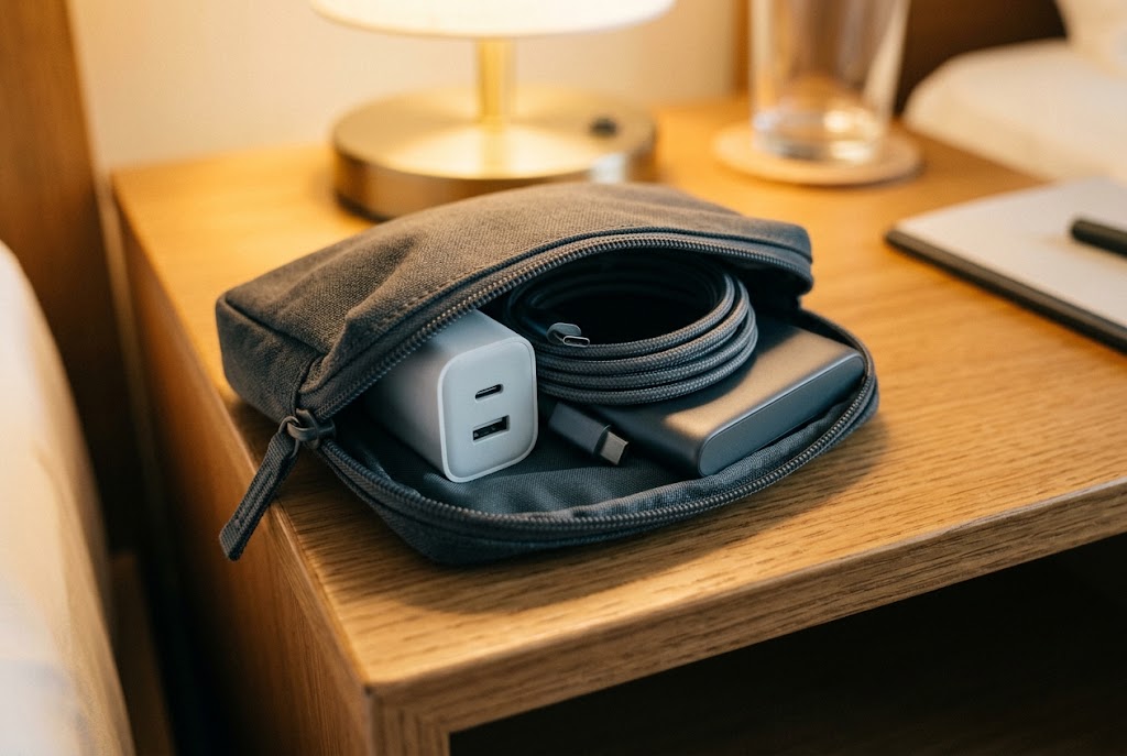 A minimalist travel tech charging kit: one dual USB-C charger, one cable and a power bank in a small pouch