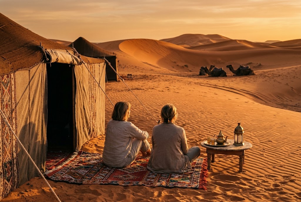 Travelers watching sunset over the Sahara dunes from a desert camp in Morocco, one of the best travel destinations for $2500 to $5000