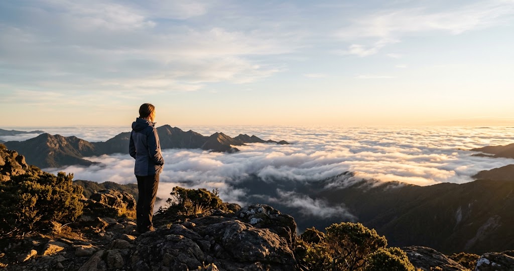 A traveler watching sunrise over a sea of clouds, the kind of moment the most memorable travel destinations deliver
