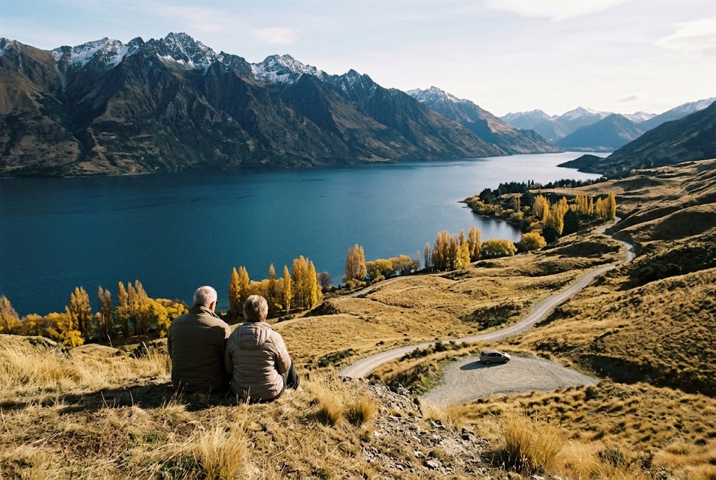 Travelers looking out over Lake Wakatipu and the mountains near Queenstown, New Zealand, one of the best travel destinations for $2500 to $5000