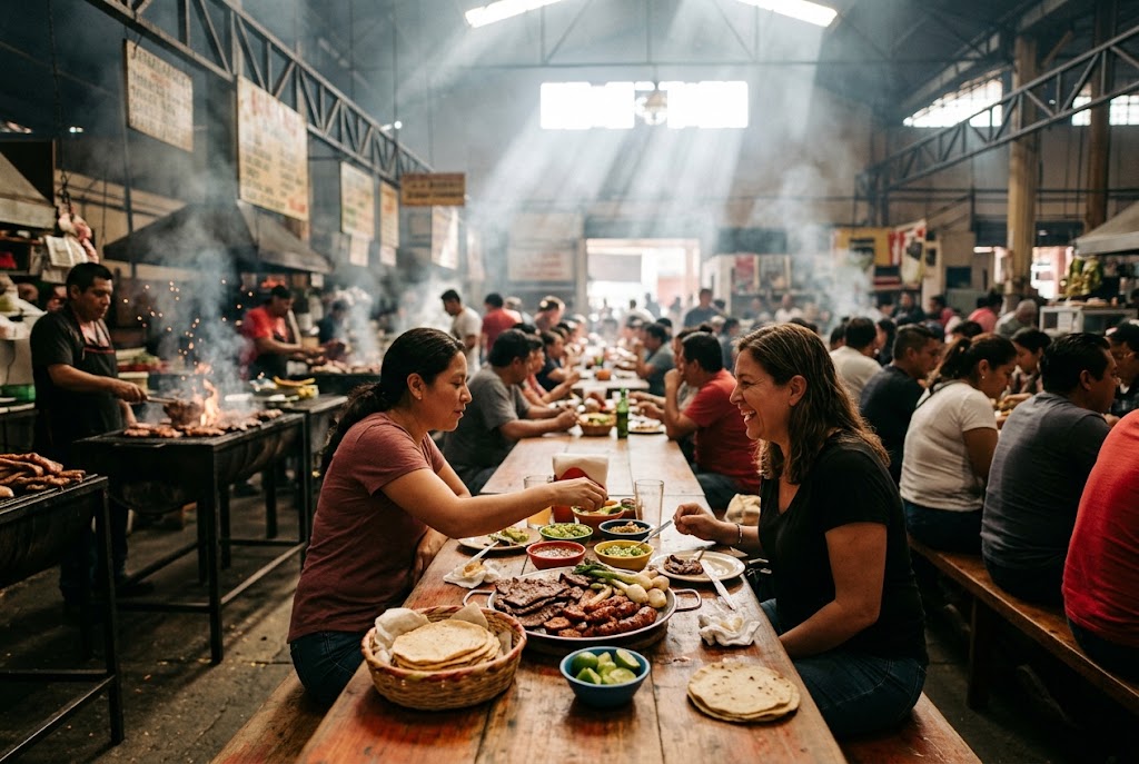 Travelers eating grilled meat and tortillas in a market grill hall in Oaxaca, one of the best travel destinations under $2500